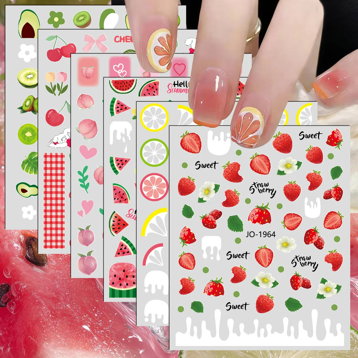 3/6/12 Sheets 3D Summer Fruit Nail Stickers Strawberry Watermelon Lemon Cherry Peach Avocado Self-Adhesive DIY Manicure Decals