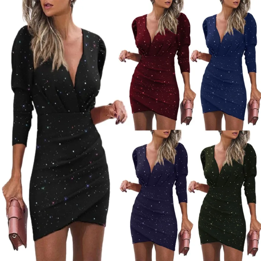 

【New style】2021 women's clothing European and American V-neck long-sleeved 3D digital print fashionable bag hip tight nightclu