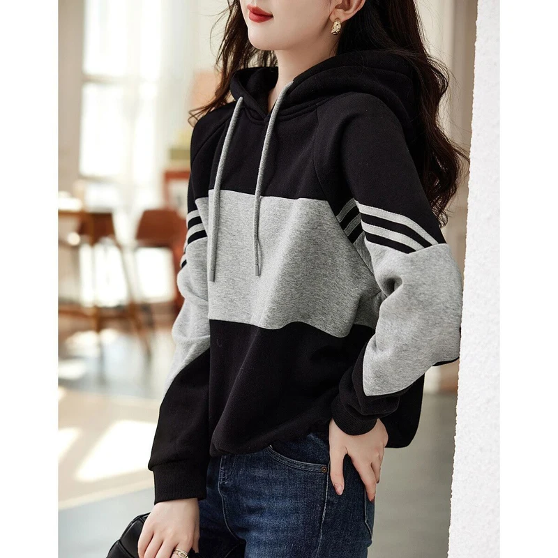 Spring and Autumn 2024 New Women\'s Hooded Stitching Sweater Women\'s Fashion Trendy Hoodie Loose Casual Pullover