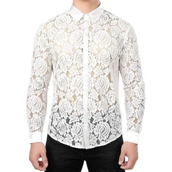 2024 Spring Long Sleeve See Through Mens Shirt Sexy Floral Embroidery Mesh Lace Shirts Tops Men Streetwear Fashion Slim Cardigan