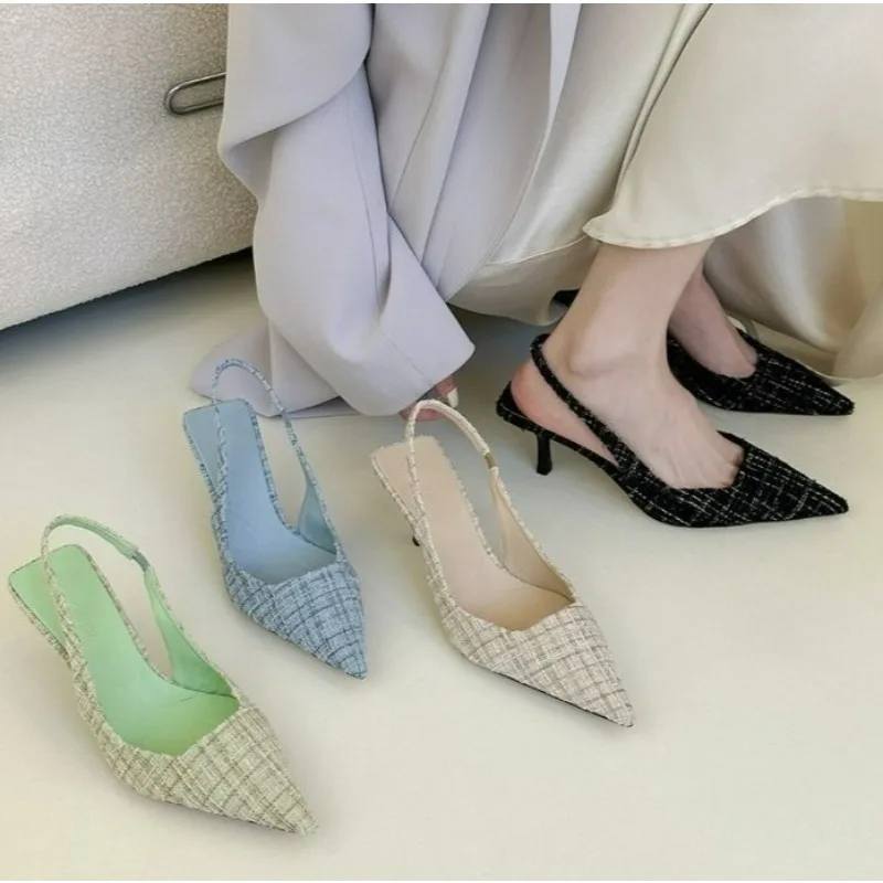 

Brand Designer Slingbacks High Heels Pumps Women Pointed Blue Pointed Toe Party Shoes Summer Thin Heeled Sandals High Heel Shoes