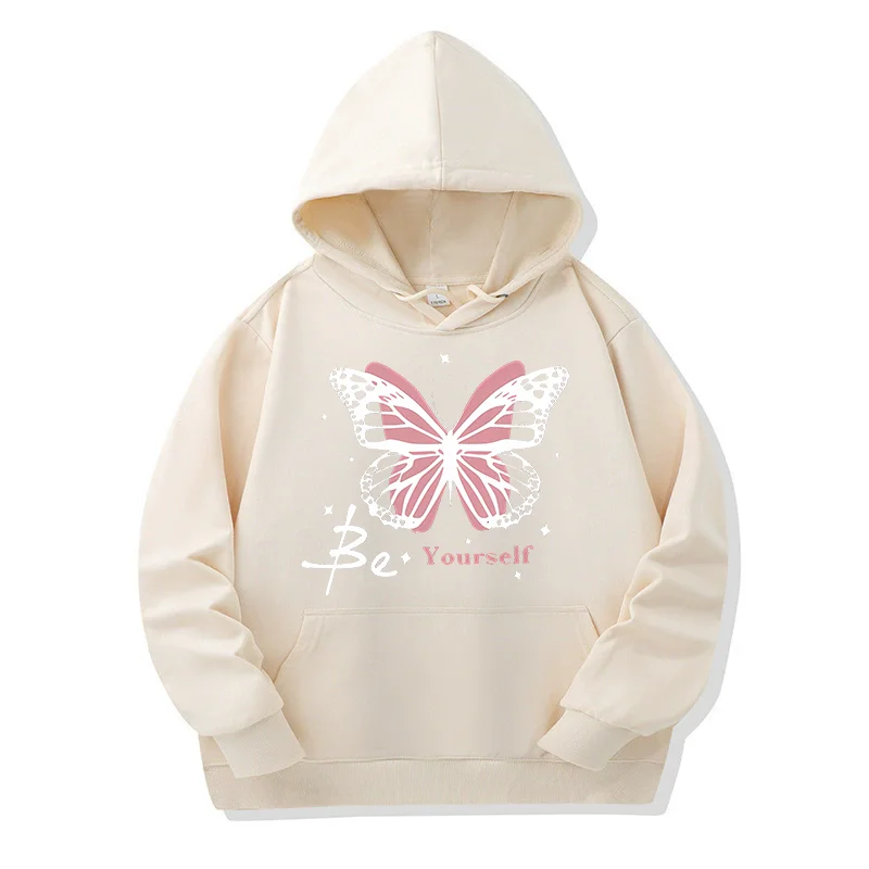 Sweat-shirt pour femme en laine automne/hiver - Ensemble sweat-shirt à capuche à manches longues imprimé papillon "Be Yourself"