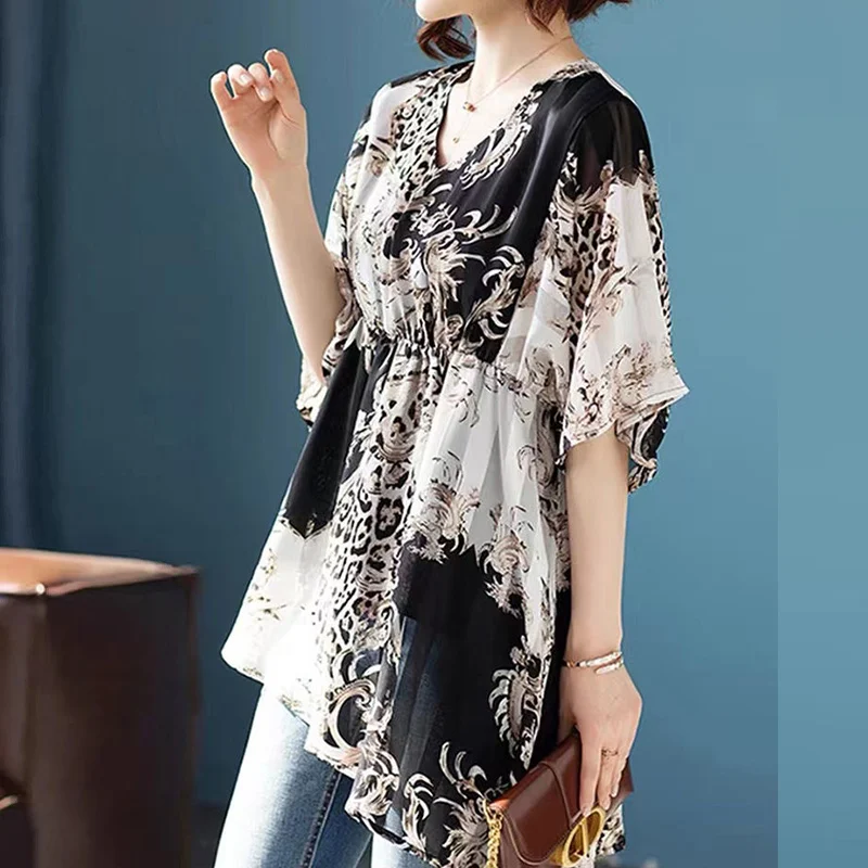 Summer Oversized Women Elegant V-neck Vintage Print Irregular Fashion Tunic Midi Chiffon Shirts Casual Short Sleeve Tops Blouse