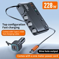 Divisor de encendedor de cigarrillos 9 en 1, adaptador de cargador de coche USB C de 228W QC3.0 con Cable telescópico PD45W, pantalla LED de voltaje de 12V/24V