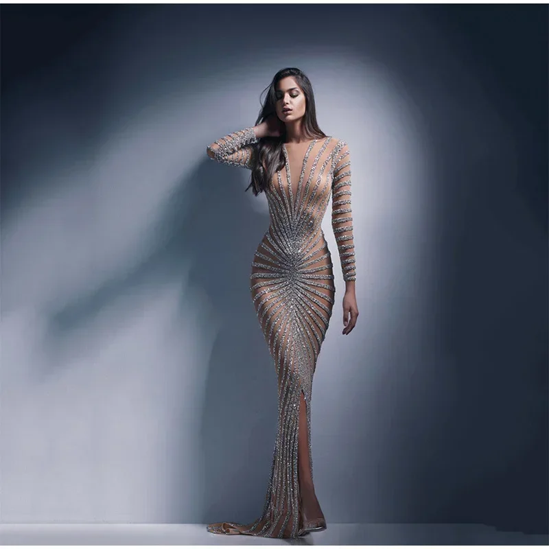 

Women Sexy Mesh Sequins Split Fishtail Dresses Female V-Neck Long Sleeve Maxi Dress Summer Elegant Lady Party Evening Long Dress