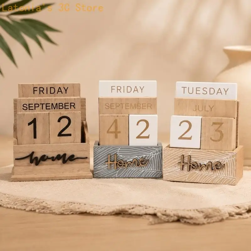 Wooden Block Permanent Calendar with Large Date Characters and Display Stand for Office, Study or Reception Desks X3UB