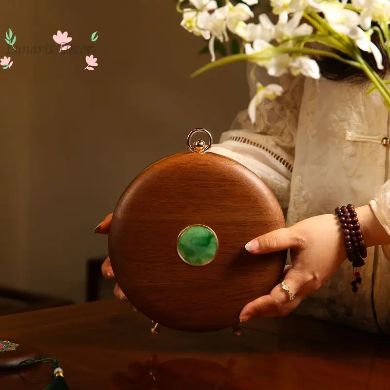 New Chinese Black Walnut Round Jewelry Box, New Chinese-style Jewelry Box, Palace-style Storage Box