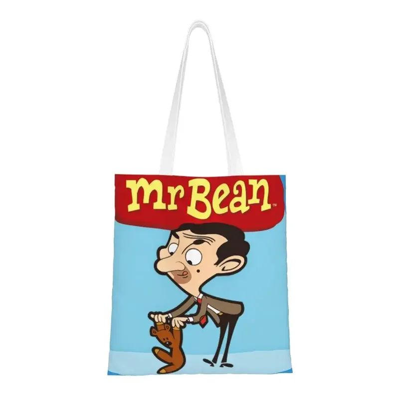 Bean Animated Series Grocery Shopping Bag Printed Canvas Shopper Shoulder Tote Bag Big Capacity Washable Cartoon Tv Handbag