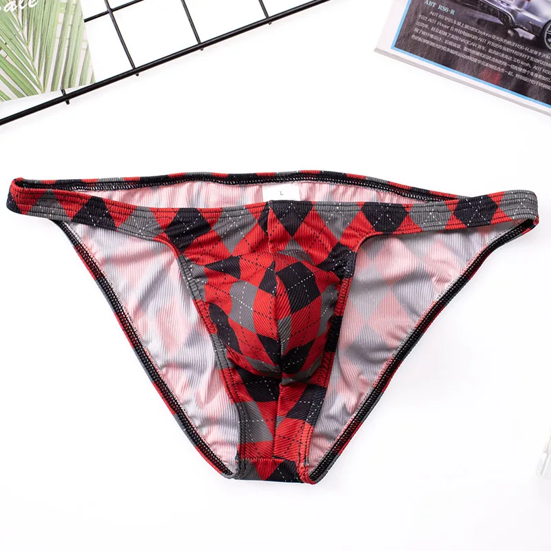 Sexy Men Underwear Grid Briefs U Convex Thong String Bulge Pouch Breathable Panties Male Underpants Intimates Bikini Male Gay