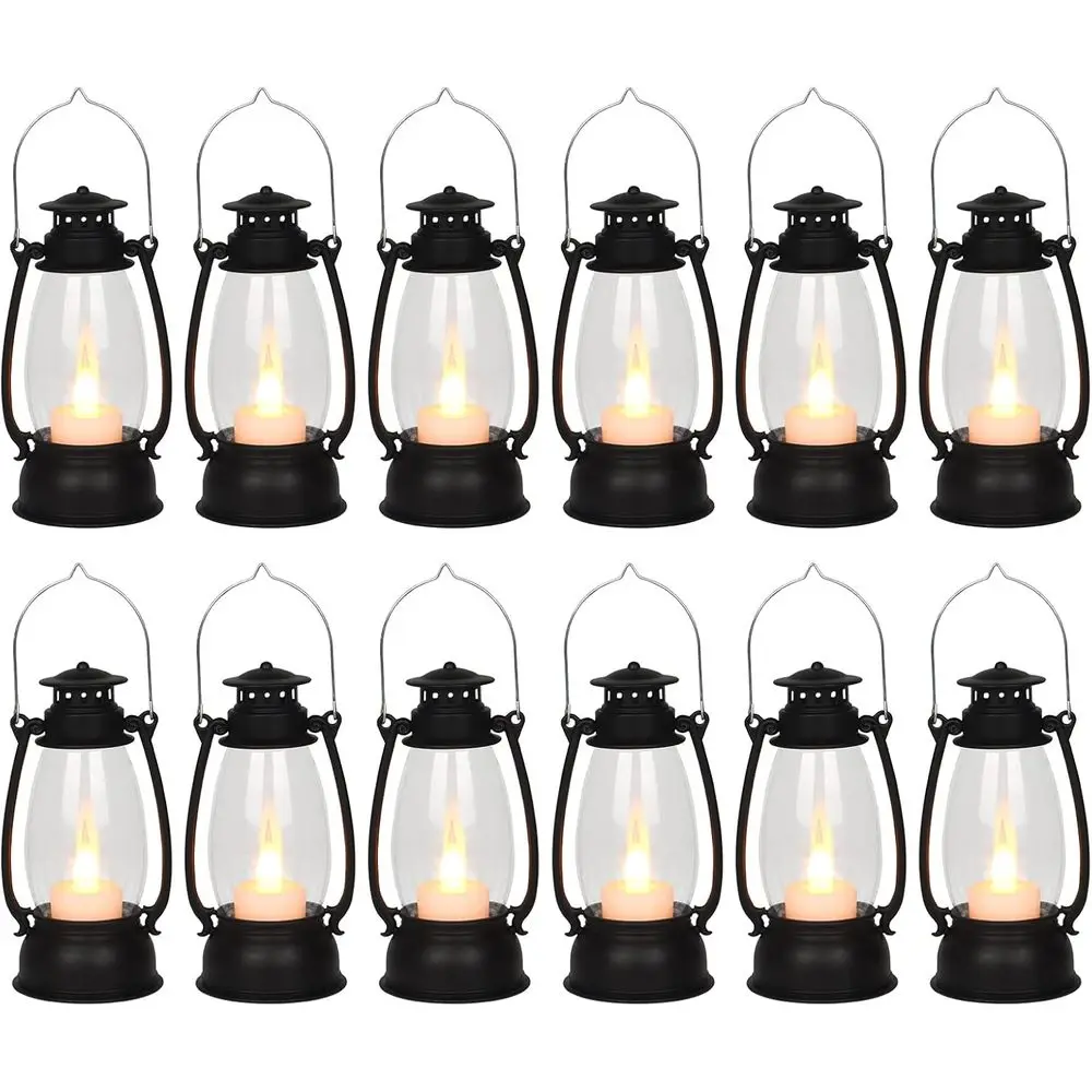 

12Pcs Mini Lantern or Cowboy Halloween Chrisas Wedding, Black 6" Candle Lantern with lickering LED or Camping Western Party Deco
