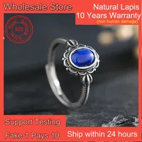Natural Lapis Lazuli Ring S925 Silver 7x5mm Royal Blue Gem Vintage Floral Adjustable Bohemian Jewelry Gift for Women