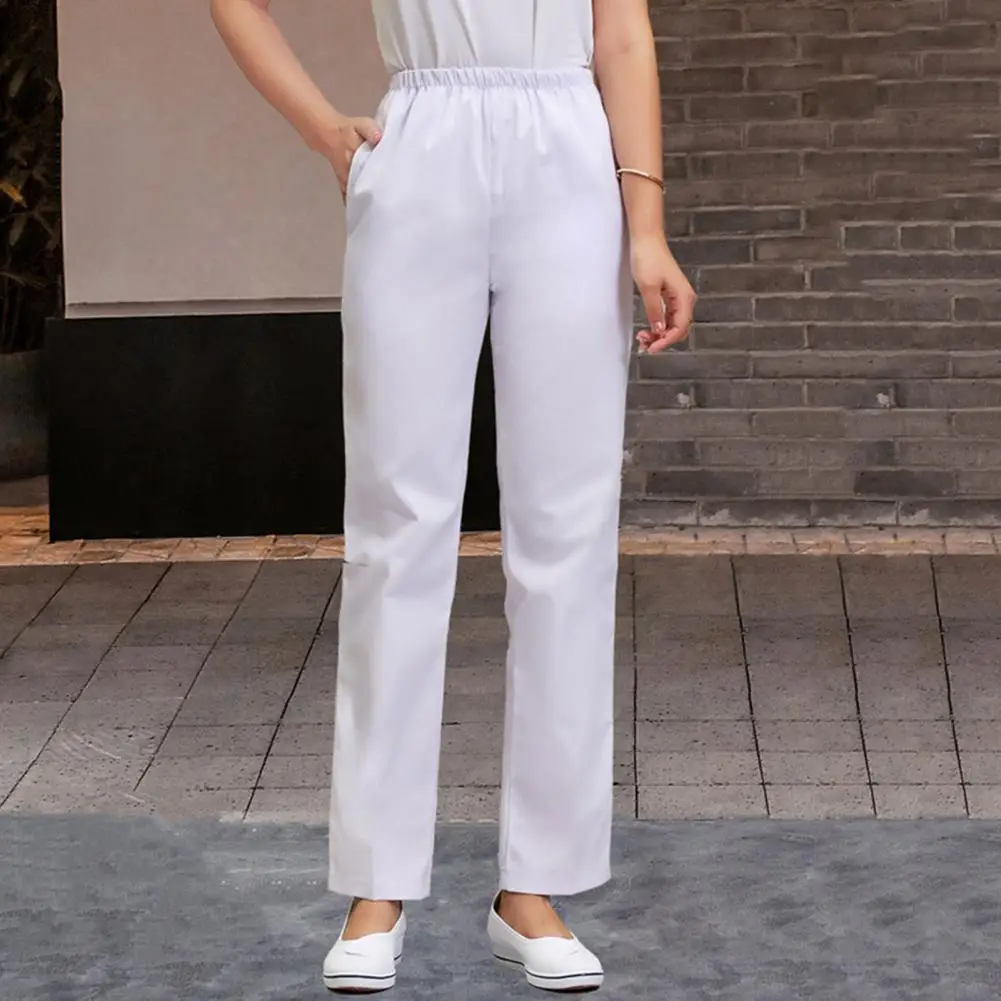 Summer Nurse Pants Mid-rise Elastic Waist Straight Wide Leg Long Trousers Solid Color Doctors Nurses Work Pants