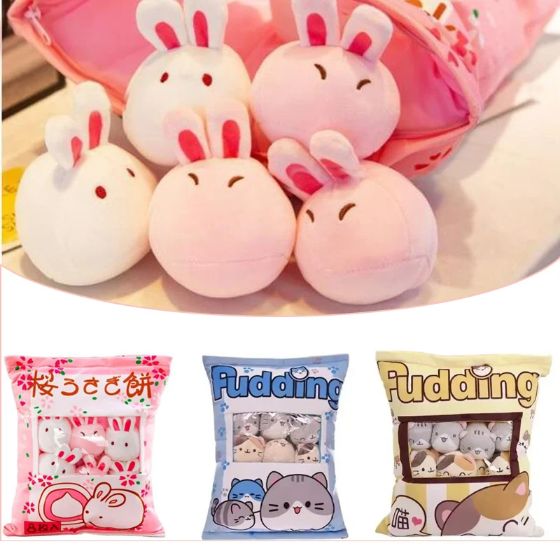 Cute Cat Rabbit Snack Pillow Pudding Decorative, Stuffed with Mini Animal Cat Dolls Pudding Plush Toy Kawaii Plush Pillow Gifts