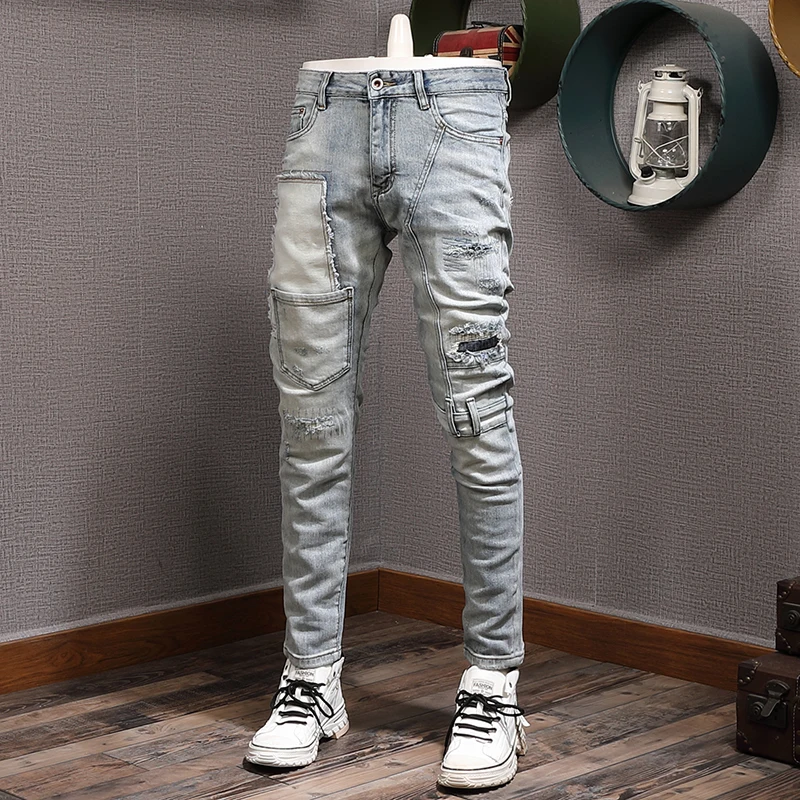 

Fashion Streetwear Men Jeans Retro Light Gray Blue Stretch Slim Fit Vintage Ripped Jeans Men Patch Designer Hip Hop Pants Hombre