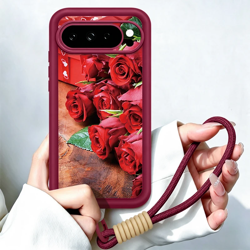 Leopard Flower Wrist Strap Lanyard Phone Case For Google Pixel 10 9 8 7 Pro 9A 8A 7A Pixel 9 10 Pro XL Soft TPU Silicone Cover