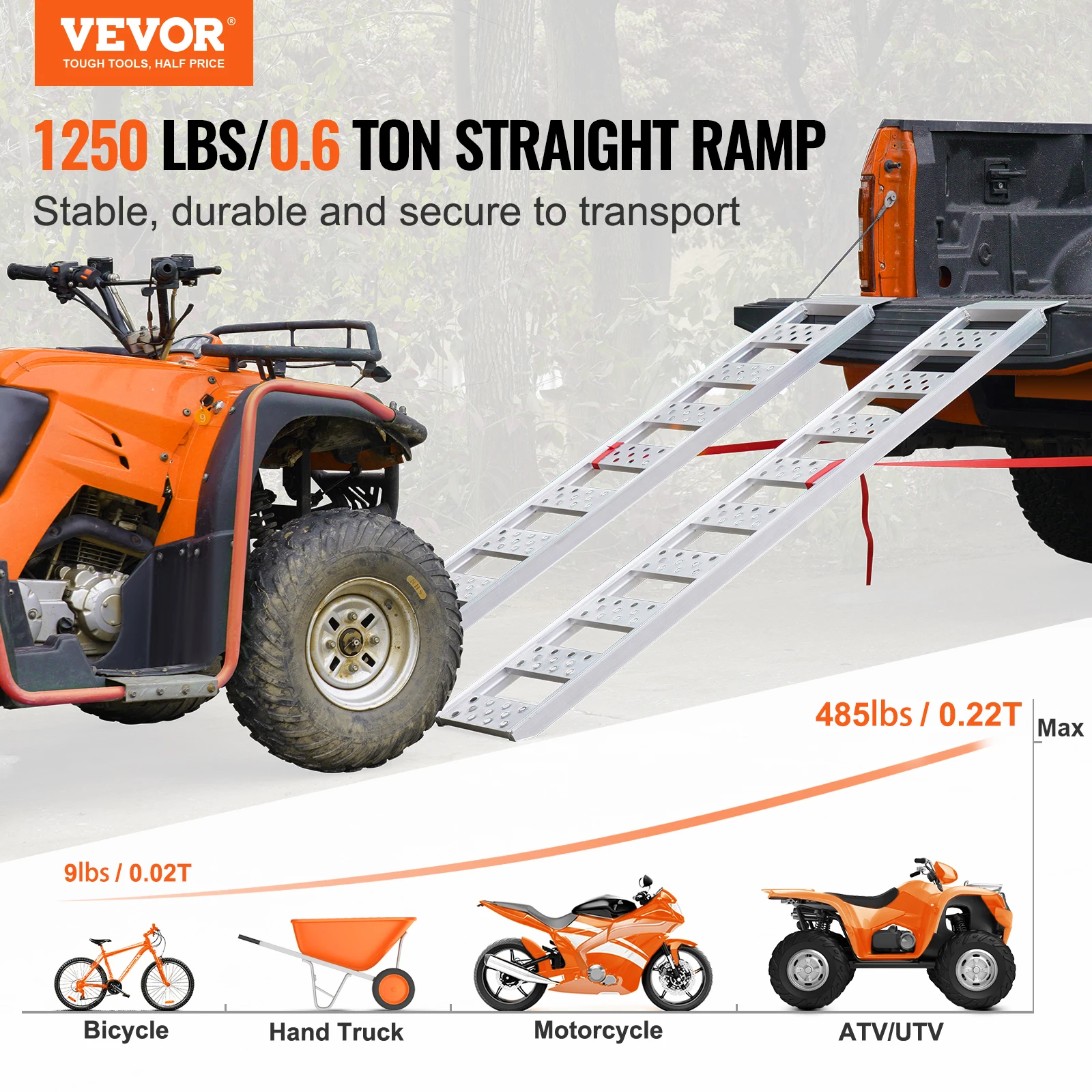 VEVOR Aluminum Ramps 1250lbs Straight Ramp with Treads and Load Straps Portable Loading Ramp for Motorcycles ATVs Trucks  2Pcs