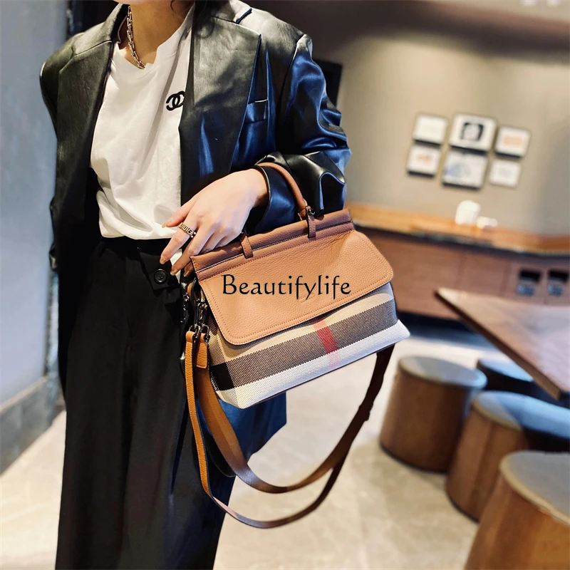 Plaid Cowhide Crossbody Bag, Casual, Genuine Leather, High-End, Portable, European and American Fashion