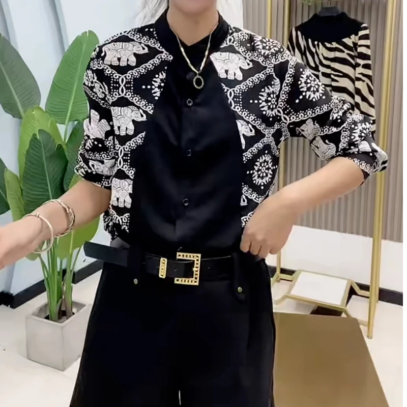 

Print Contrast Patchwork Plus Size Vintage Blouse Spring Autumn Long Sleeve Casual Loose Shirts Fashion Elegant Women Clothing