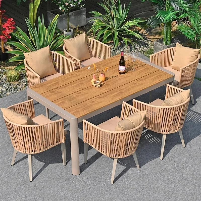 

Набор для уличного патио, пластиковый деревянный стол со стульями из ротанга, всепогодная мебель для сада, двора и балкона