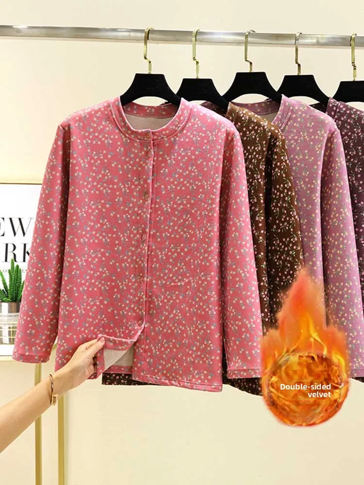 Double-Sided Fluffy Short Jacket with Floral Print for Middle-Aged And Elderly Thickened Flocking Loose Fit round Neck Button...