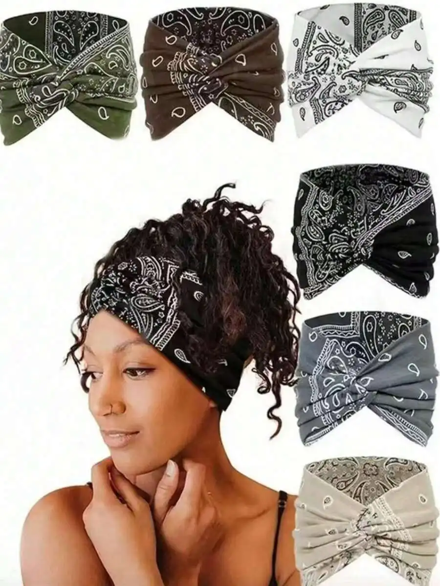 6-Pack Vintage Paisley Headbands Women Bohemian Style Hair Accessories For Sports Yoga Travel Festival