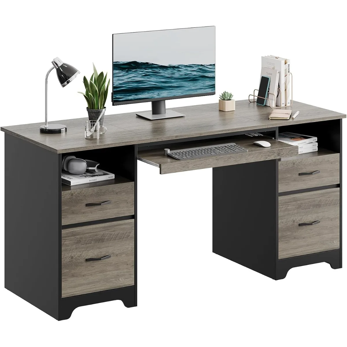 59” Computer Desk with 4 Drawers,Office Desk with Storage, Industrial Executive Desk with File Drawer, Keyboard Tray&2 Pedestals