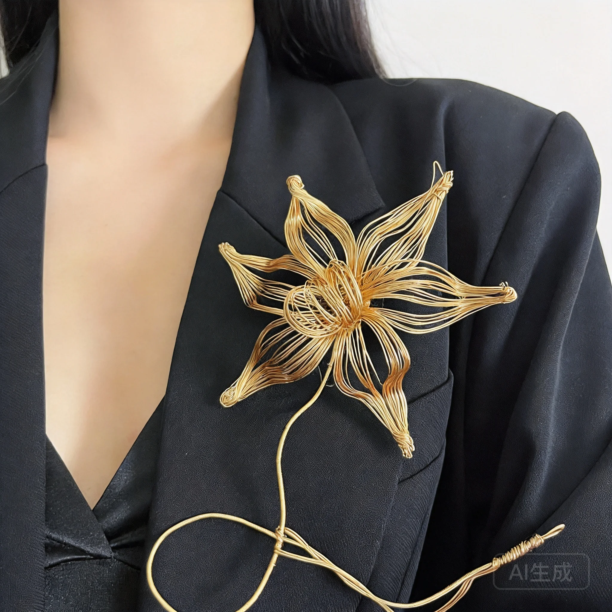 Chinese Style Auspicious Hand Woven Gold Tone Metal Flower Brooch For Women Luxury Elegant Suit Overcoat Corsage Lucky Blessing