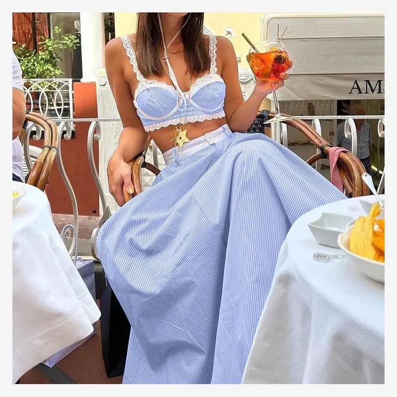 

Early Spring New Fashionable Lace Patchwork Strap Vest Spicy Girl Set High Waist Large Women's Clothing Set Student Uniform