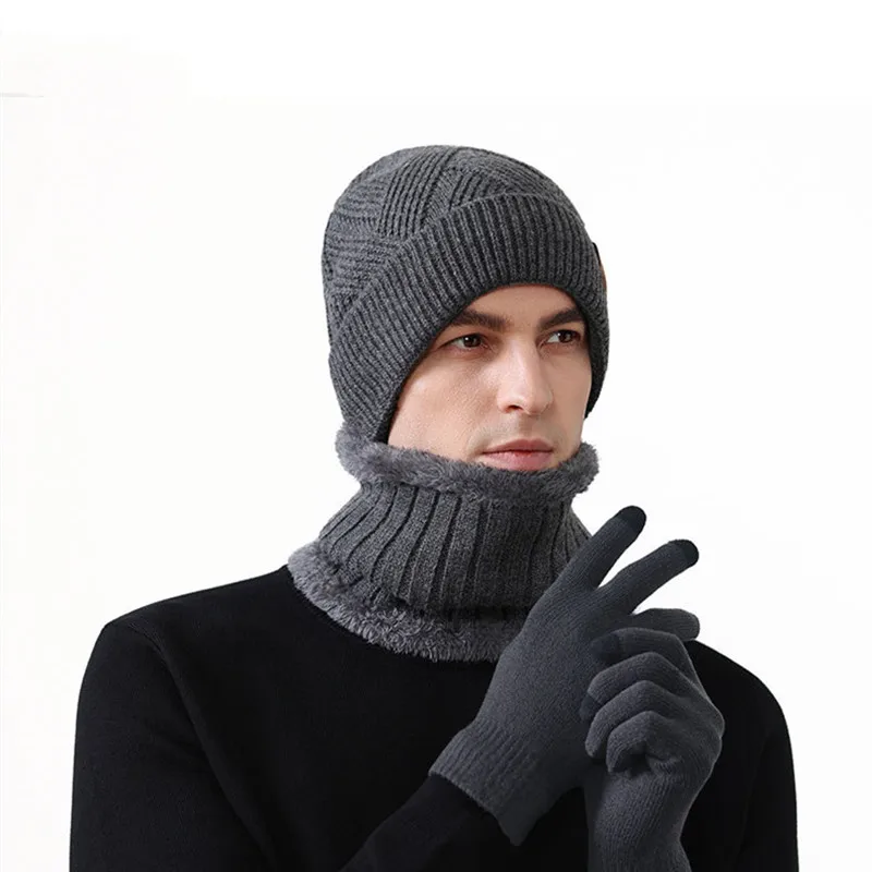 

High Elastic Wool Hat Warm Set Men's Winter Outdoor Earmuff Knit Hat Scarf Gloves Three-Piece Set
