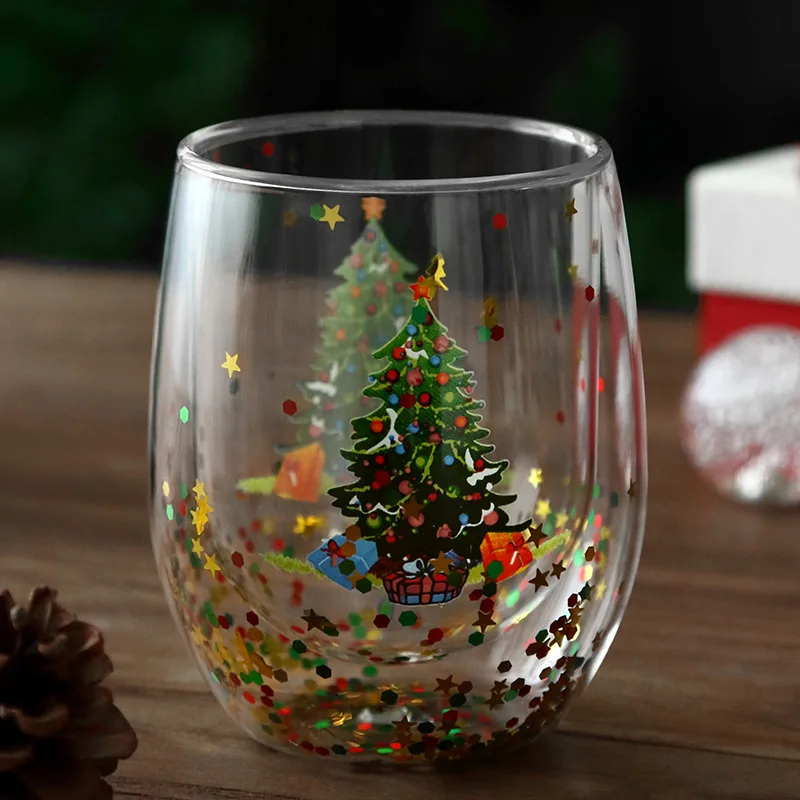 1~4PCS New Double Wall Christmas Glass Mug Heat Resistant Beautyful Cup For Milk Coffee Water Cup Bar Drinkware Christmas Gift