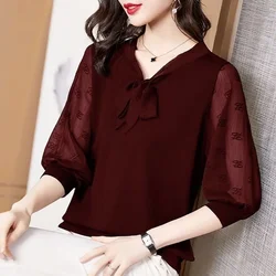 Blouses for Womens Spring Summer V-Neck Half Sleeve Shirt Solid Color Button Letter Printing Bow Loose Stylish Plus Size Tops