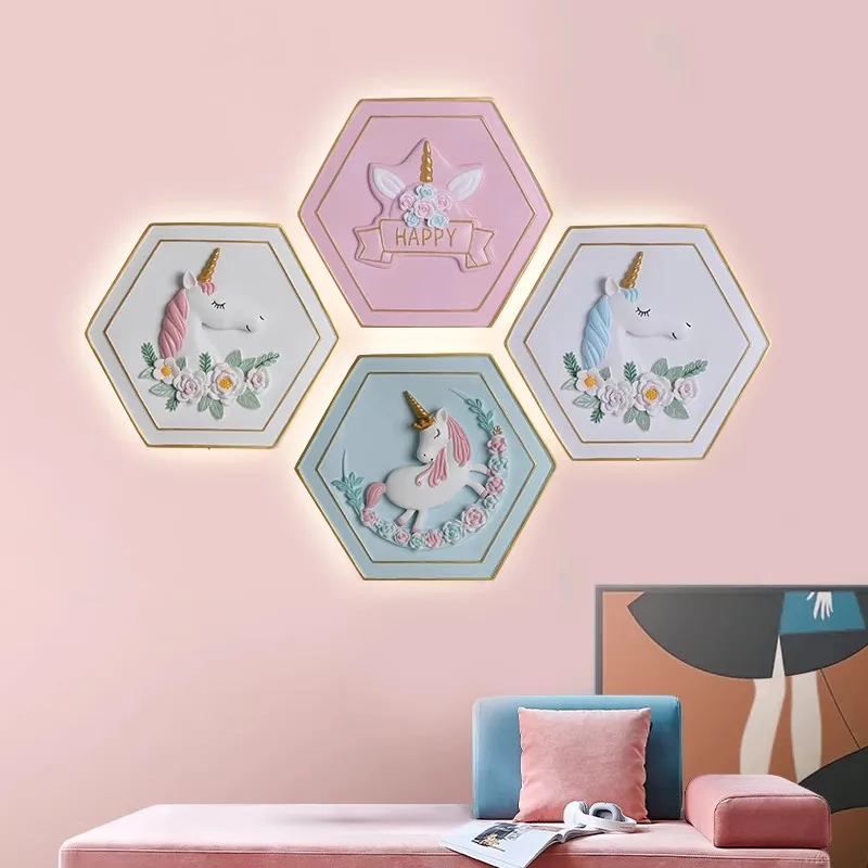 Children's Room Wall Lamps LED Pink Unicorn Mural Light Warm Romantic Baby Room Princess Room Girl Bedroom Bedside Wall Lights