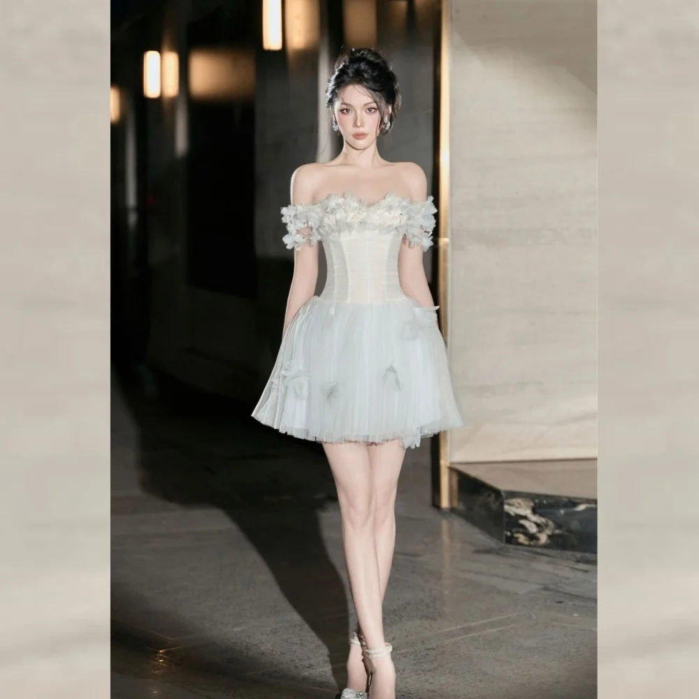 Tulle Flower Pearl  Beading Ruched Homecoming A-line Off-the-shoulder Bespoke Occasion Gown Mini Dresses