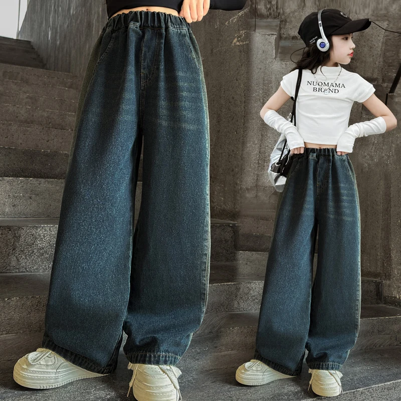 Brief Style Kids Children Solid Blue Color Jeans Pants for Teens Girls Casual Loose Straight Denim Trousers 5 7 9 11 13 14 Years