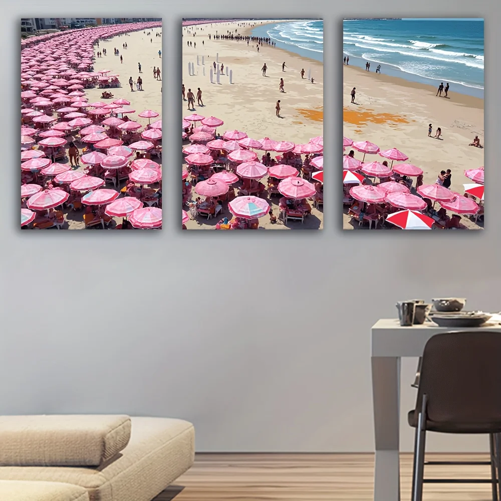 3pcs Frameless Canvas Art Prints - Vibrant Beach Scene with Pink Umbrellas And Sunny Sky, Ideal for Living Room, Bedroom, Off