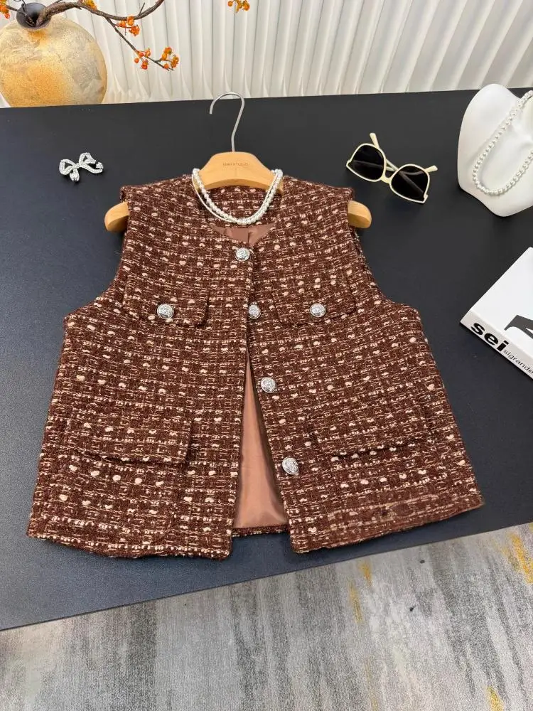 Autumn Women Vintage Woolen Sleeveless Vest Coat O Neck Single Breasted Tweed Jacket Lady Slim Fit Fashion Streetwear Waistcoat