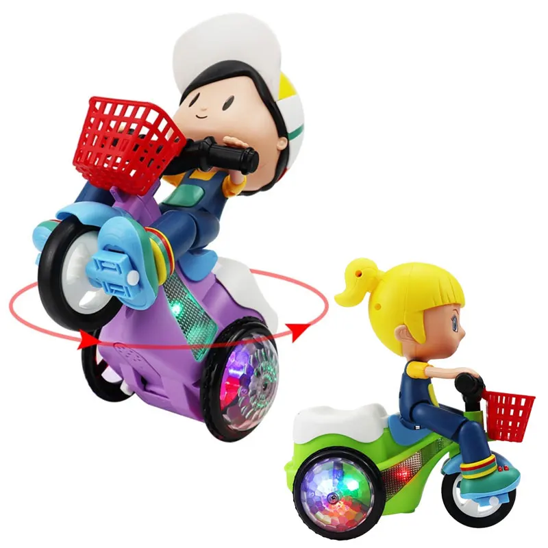 20cm Kids Electric Musical Glowing Rotary Stunt Bike Toys Cute Boy Girl Figures Doll Sitting oon Motorcycle Vehicle Models