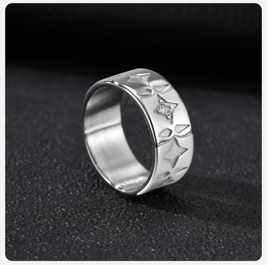 Vnox Edelstahl Herrenring, breiter Ring mit eingelegtem weißem Zirkon in Form eines vierzackigen Sterns, silberfarbener Fingerschmuck, Geschenkgröße 7-12 – Detail 7