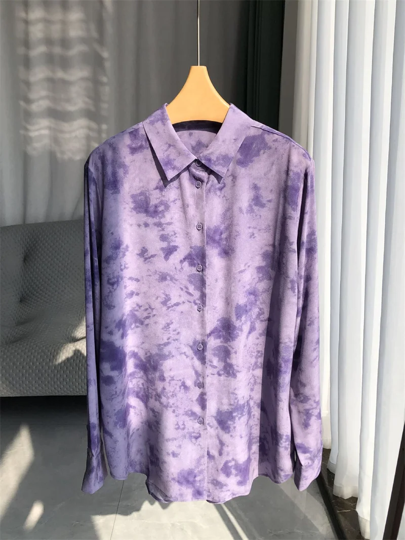 

100% Silk Ladies Single Breasted Temperament Blouse Women Long Sleeve Elegant Purple Halo Dyeing Printed Shirt New 2024