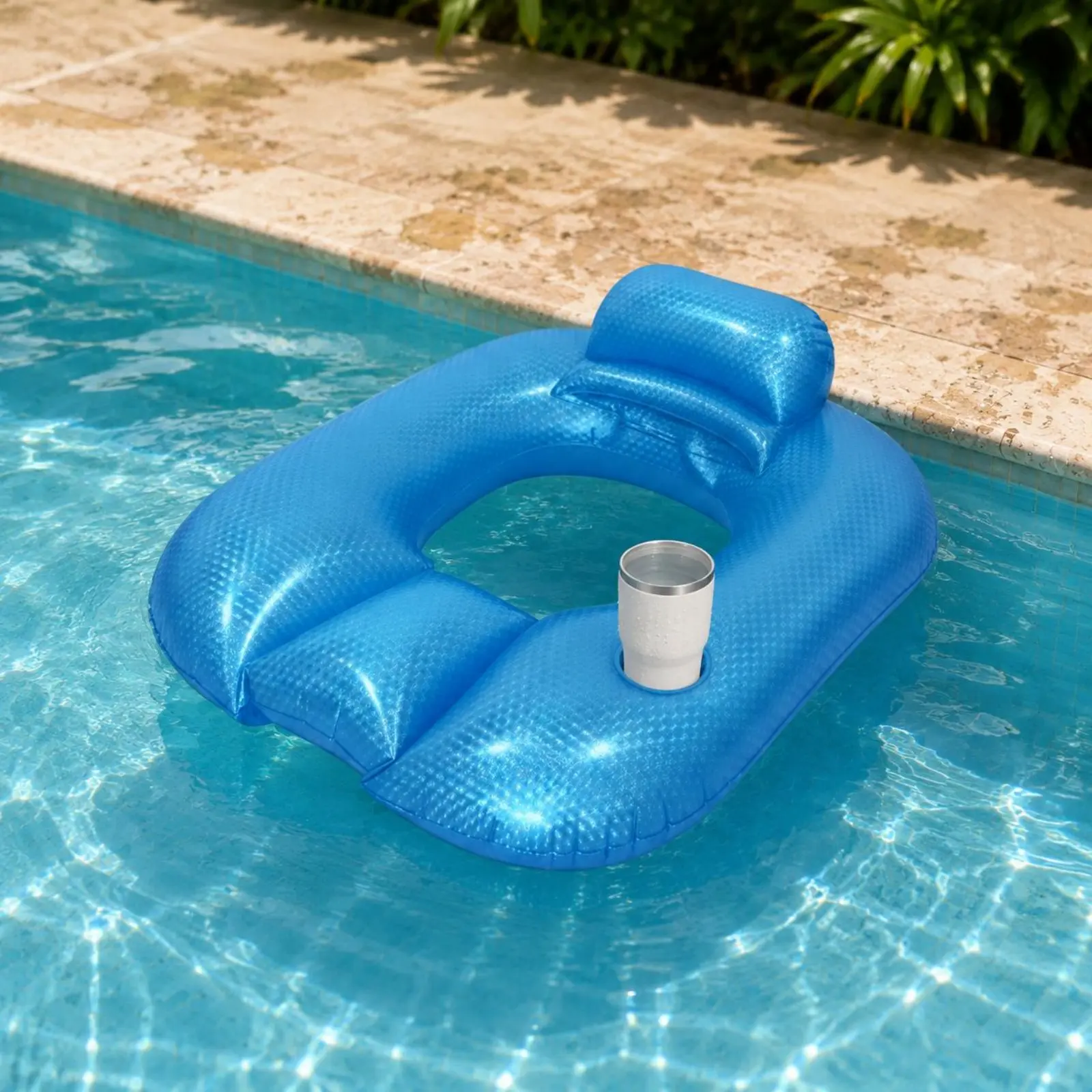 Inflatable Pool Lounger with Cup Holder Easy to Carry Inflatable Pool Recliner Floating Lounge Chair Ergonomic Design for Adults