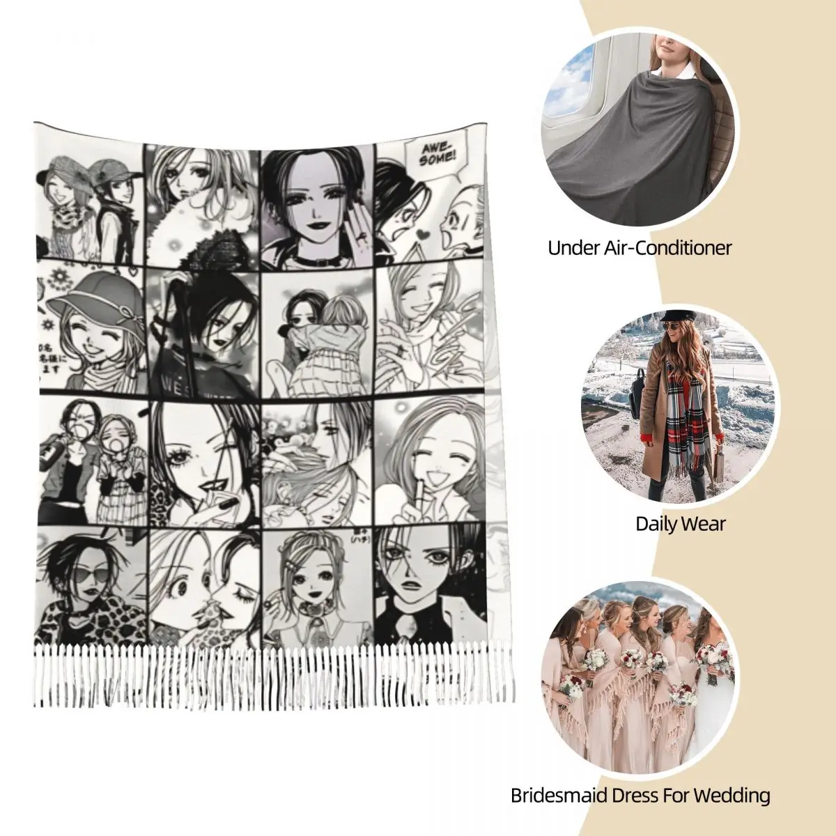 نانا هاتشي مانغا شال التفاف للنساء الشتاء كبير وشاح طويل أنيمي الباشمينا شال الأوشحة #4
