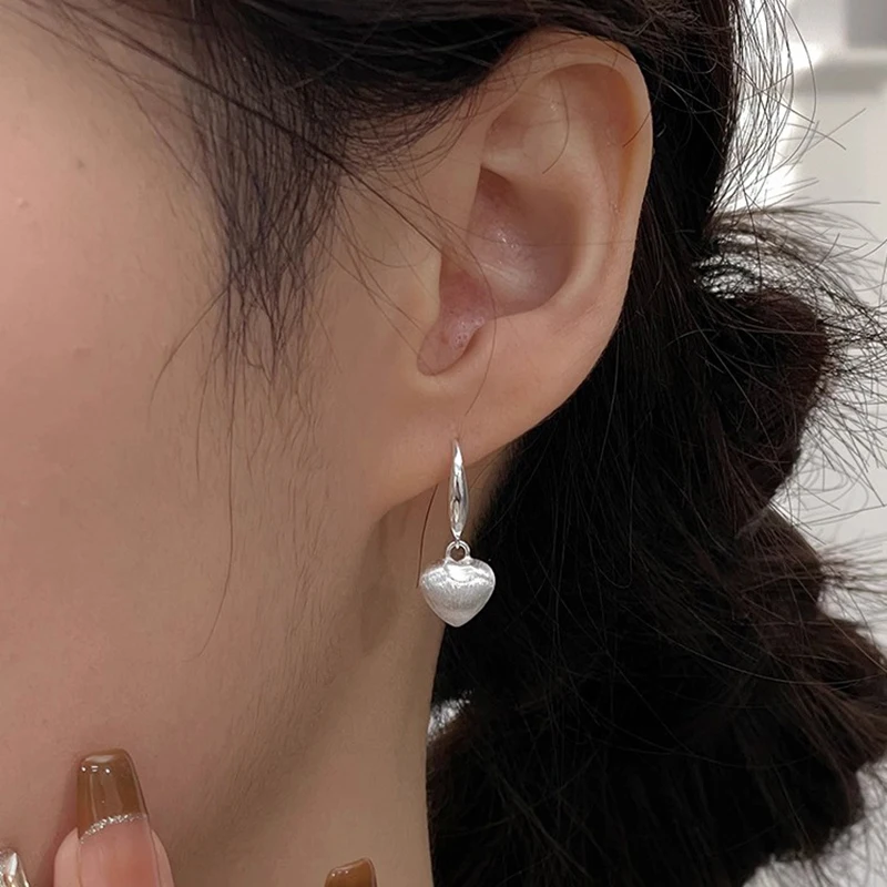 Silver Color Trendy Minimalist Brushed Heart Ear Hook Stud Earrings for Charming Women Fashion Jewelry Party Accessories