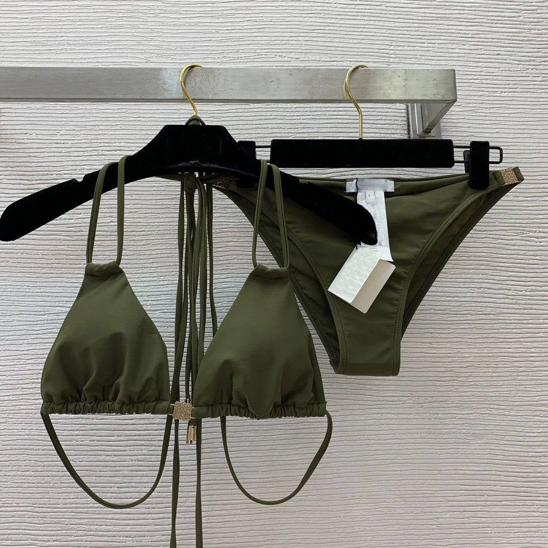 

Sexy brown solid color Female Swimsuit Women Swimwear bikini suit halter neck strap beach low waist split two-piece swimsuit