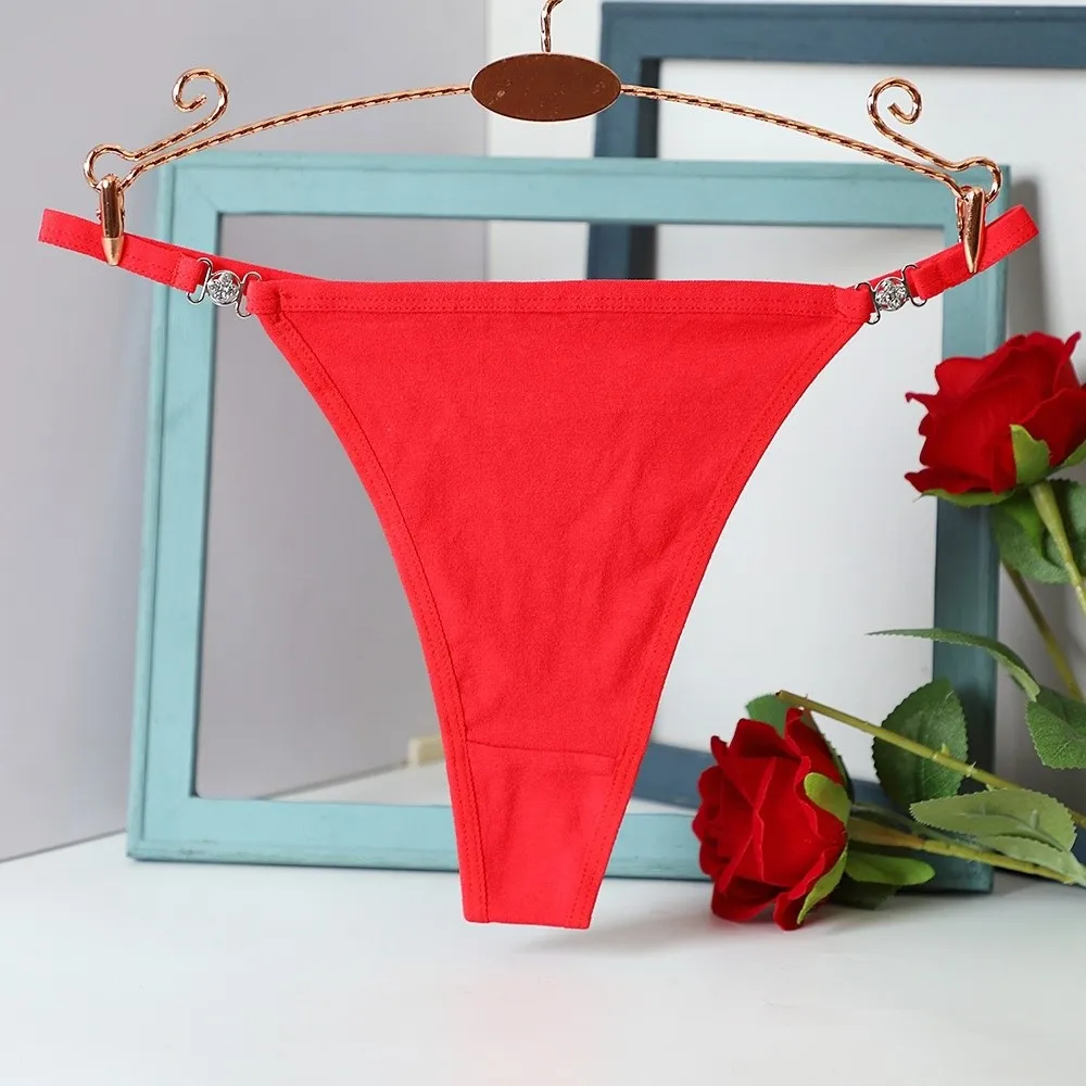Breathable Cotton Crotch Rhinestone Thongs Traceless Solid Color Bikini Briefs Underpants Low Waist T-back Panties Underwear