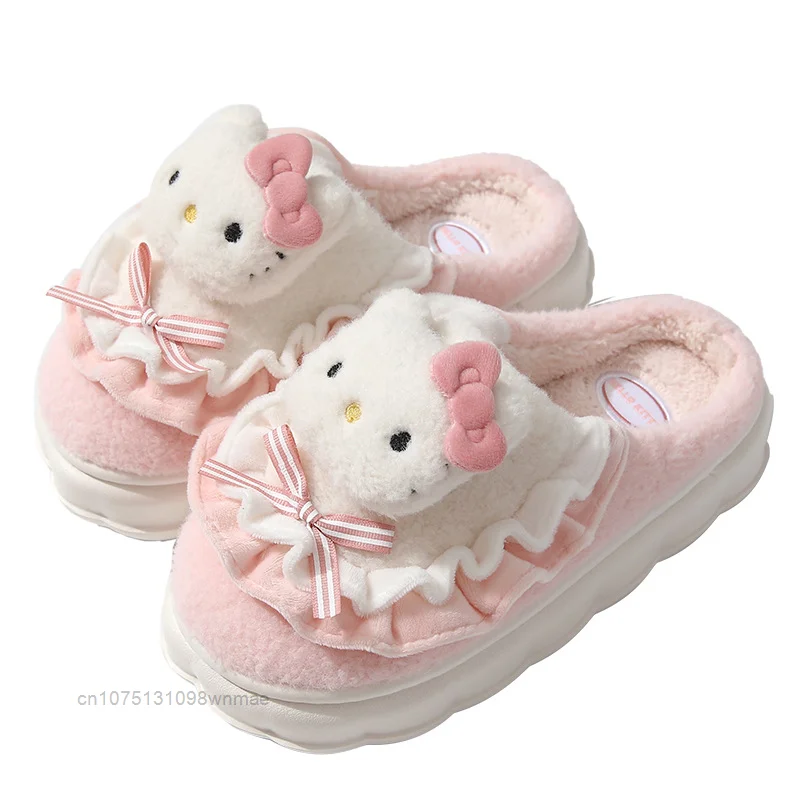 Sanrio Hello Kitty Cinnamoroll Kuromi Pom Purin Melody pantofole sfocate in cotone pantofole da casa calde in velluto invernale da donna scarpe