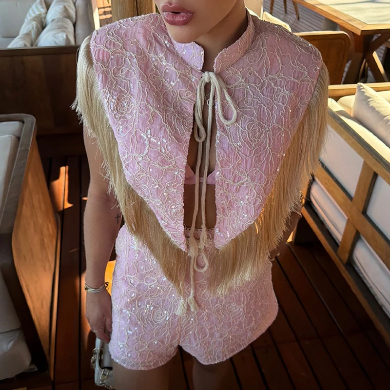 New 2026 Ladies Stand Collar Lace Up Top and Shorts Party Outfit Elegant Jacquard Summer Suit Chic Tassel Women's Two Piece Set