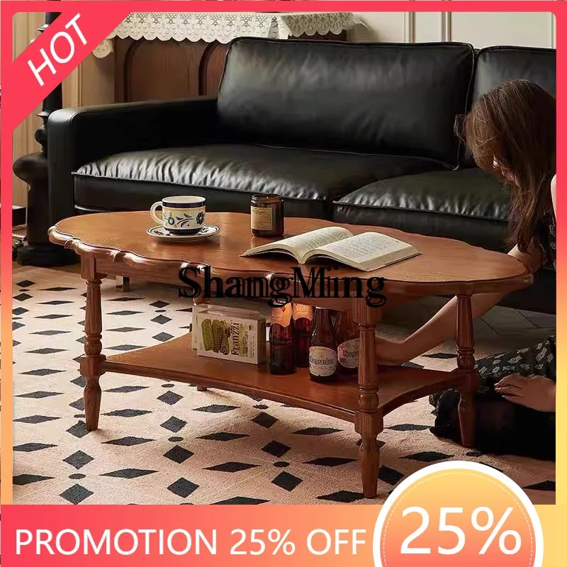 

FG home retro solid wood double-layer coffee table living room high-end art petal low table