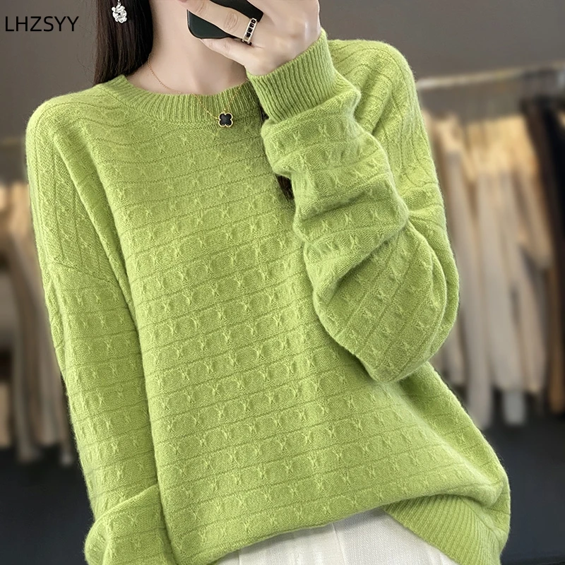 LHZSYY 2023Spring Autumn New Pure Wool Sweater Ladies O-Neck Loose Pullover Fashion Jacquard Knit Women Tops Cashmere Base Shirt