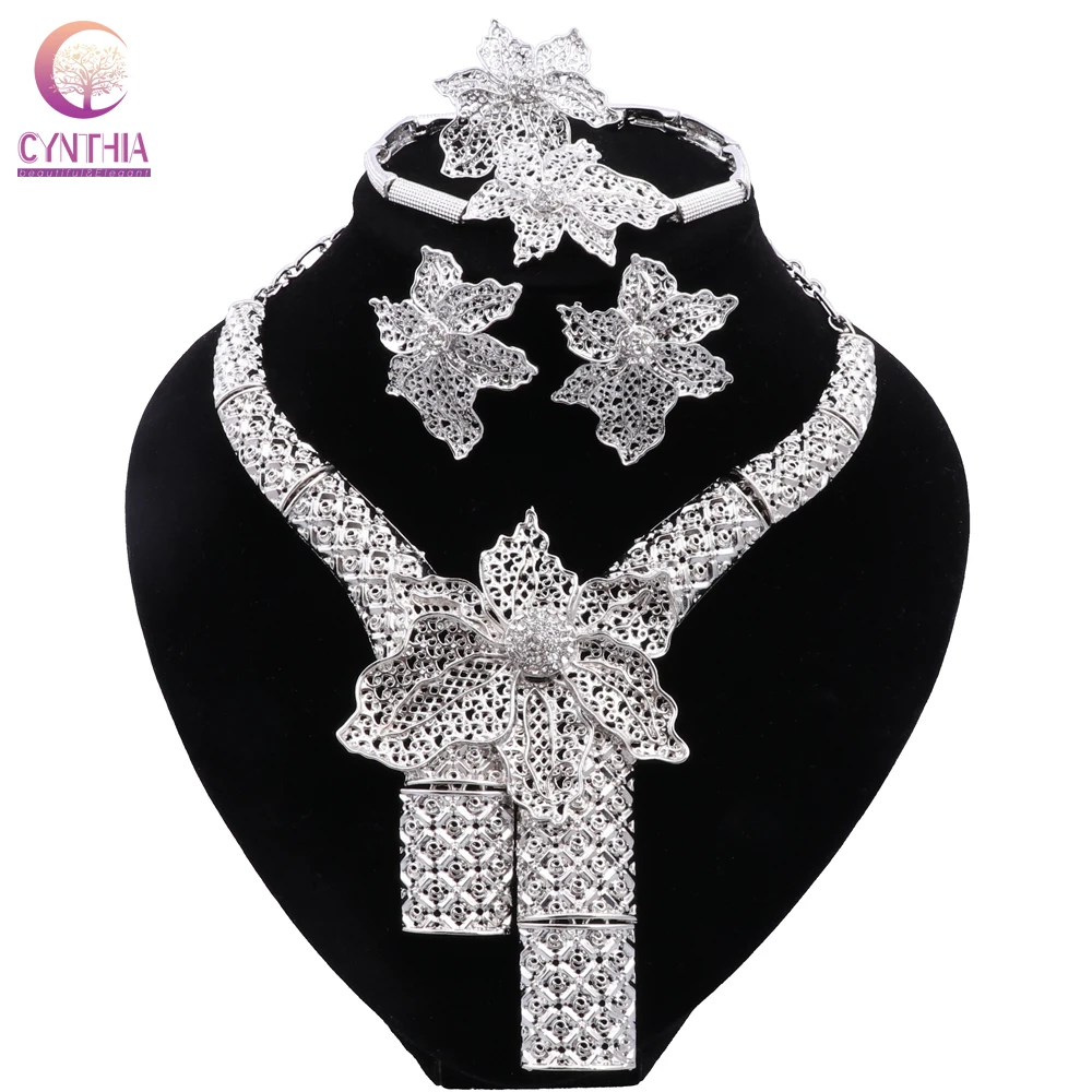 CYNTHIA Dubai Jewelry Gift Elegant Women Flower Shape Necklace African Bridal Wedding Bracelet Earrings Ring Jewelry Set