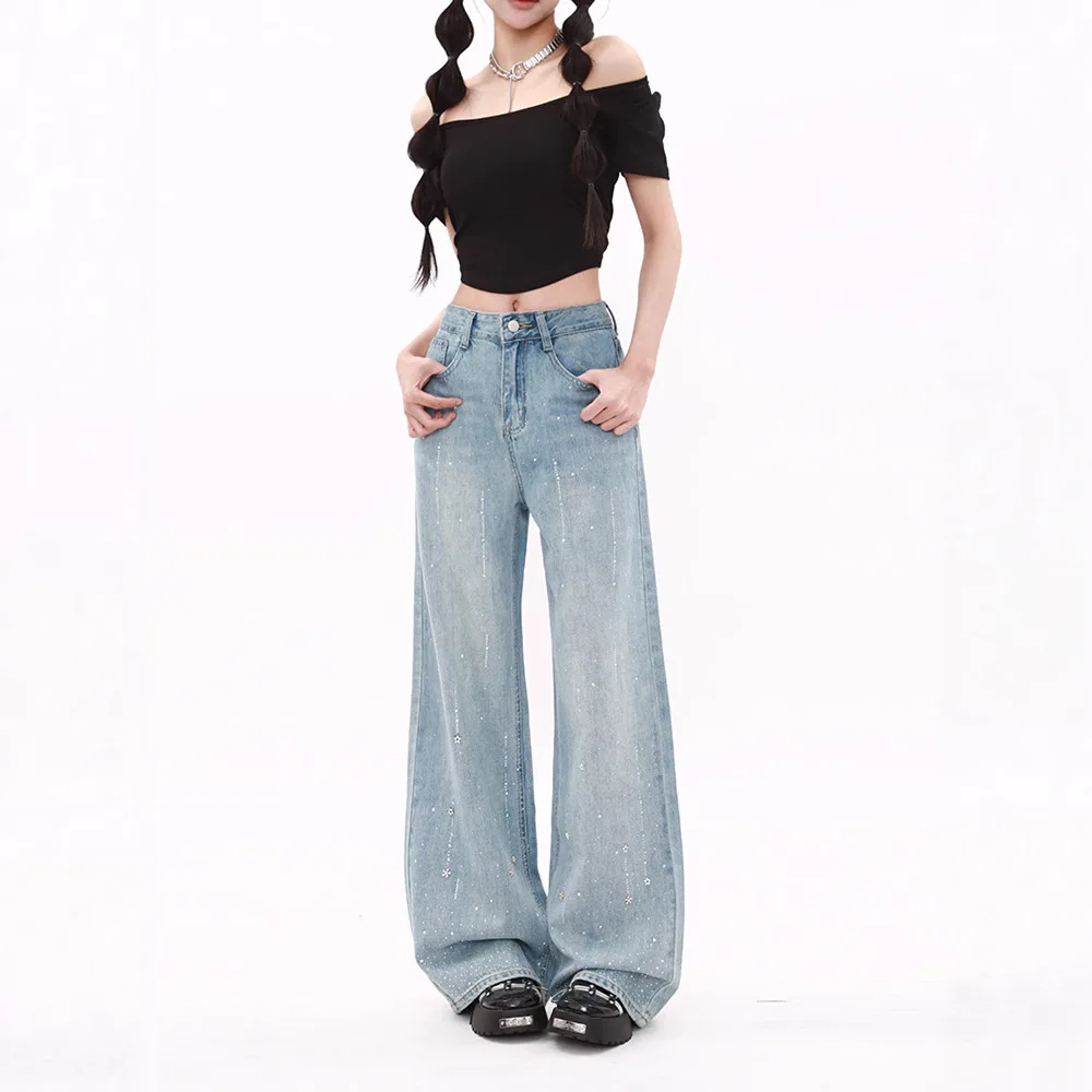 여성 다이아몬드 청바지 와이드 레그 팬츠 하이웨이스트 빈티지 풀렝스 포켓 워싱 루즈핏 2025 여름 디스트레스드 지퍼 플라이